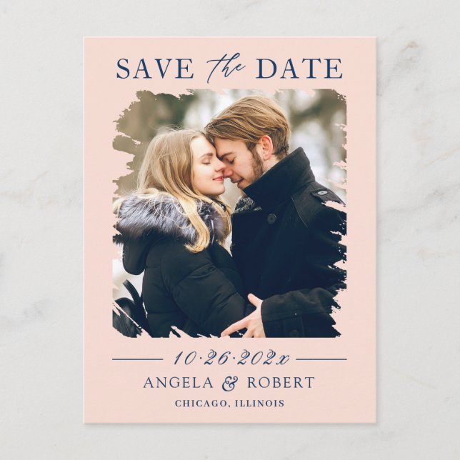 Blush Navy Brush Stroke Photo Frame Save the Date Postcard (Front)
