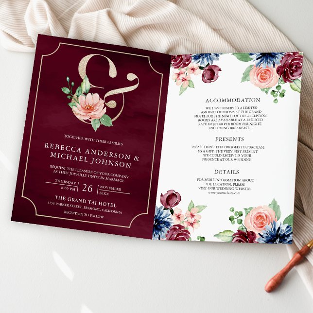 Blush Navy Burgundy Floral Marsala QR Code Wedding Invitation (Creator Uploaded)