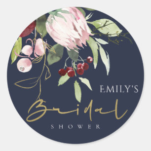 BLUSH NAVY BURGUNDY PROTEA FLORAL BRIDAL SHOWER CLASSIC ROUND STICKER