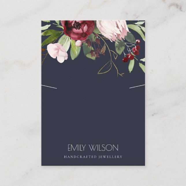 BLUSH NAVY BURGUNDY PROTEA FLORAL NECKLACE DISPLAY BUSINESS CARD (Front)