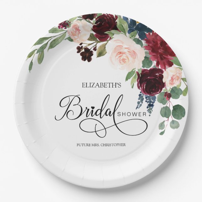 Blush Navy Burguny Marsala Floral Bridal Shower Paper Plate (Front)