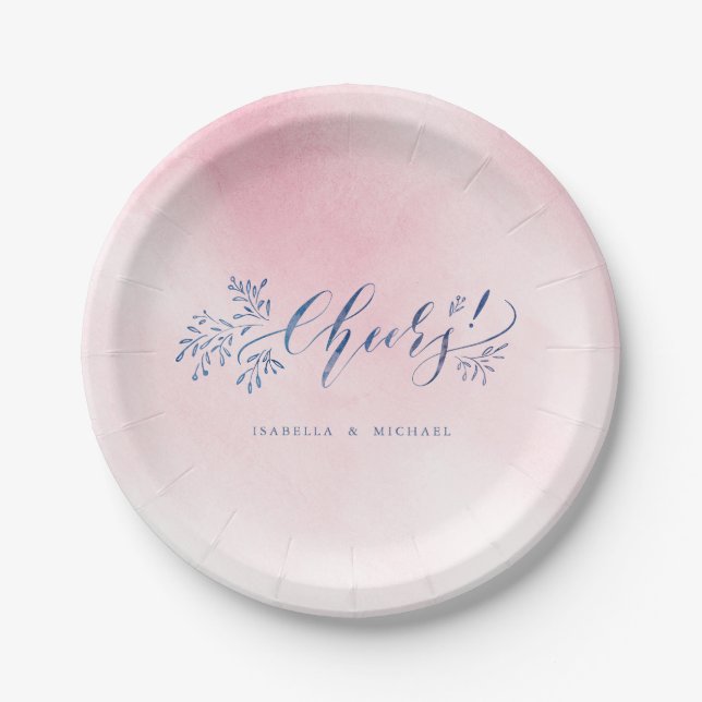 Blush navy calligraphy cheers rustic floral party paper plate (Front)