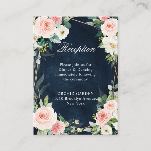 Blush Navy Dusty Blue Floral Geometric Botanical Enclosure Card (Front)