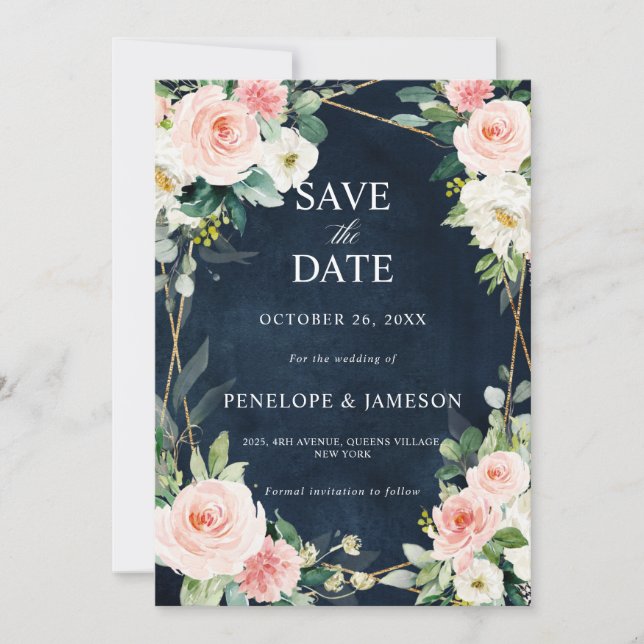 Blush Navy Dusty Blue Floral Geometric Botanical Save The Date (Front)