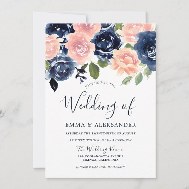 Blush & Navy Elegant Flowers Wedding Invitation (Front)