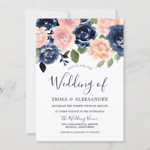 Blush & Navy Elegant Flowers Wedding Invitation