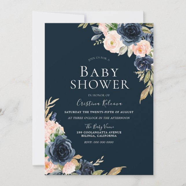 Blush & Navy Elegant Modern Boy Girl Baby Shower Invitation (Front)