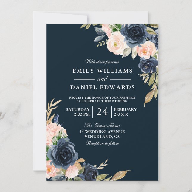 Blush & Navy Elegant Modern Wedding Invitation (Front)
