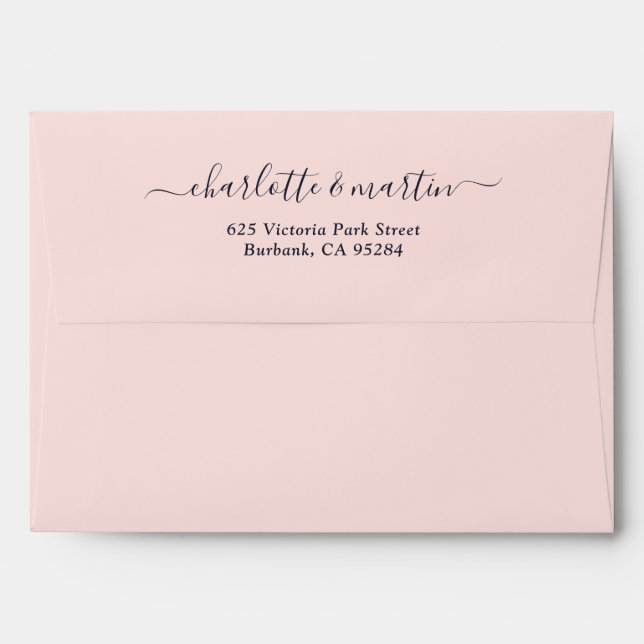Blush Navy Elegant Script Return Address Wedding Envelope (Back (Top Flap))