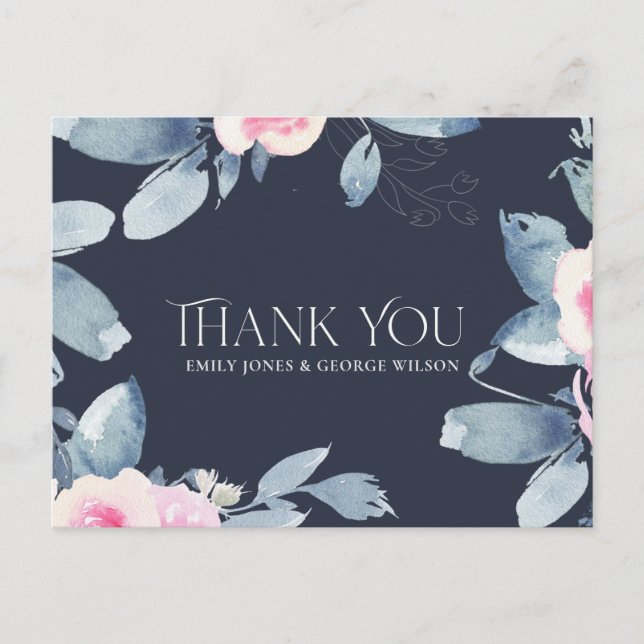 BLUSH NAVY FLORAL ANY YEAR ANNIVERSARY THANK YOU ANNOUNCEMENT POSTCARD (Front)
