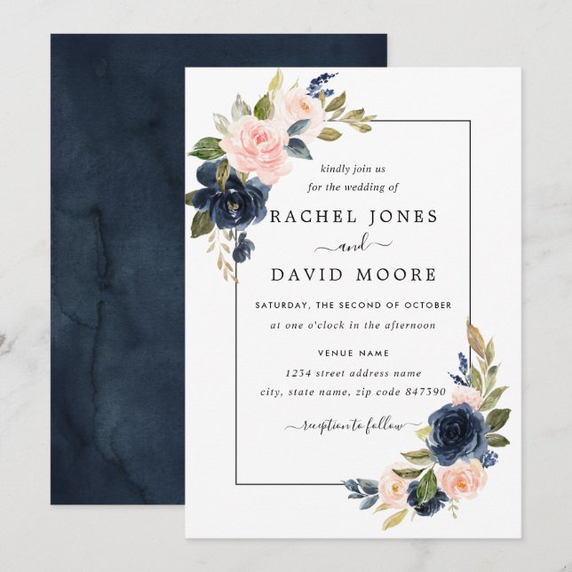 Blush Navy Floral Bloom Wedding Invitation (Front/Back)