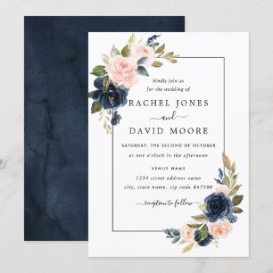 Blush Navy Floral Bloom Wedding Invitation