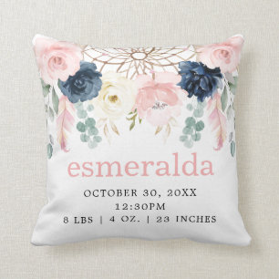 Blush Navy Floral Boho Dreamcatcher Birth Stats Cushion