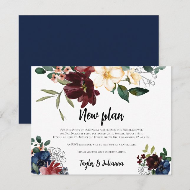 Blush Navy Floral Bridal Shower Postponement Card (Front/Back)