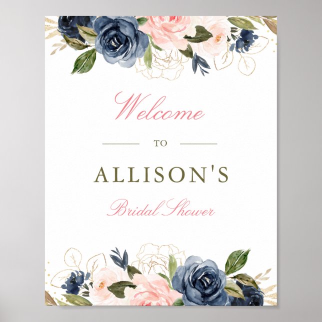 blush & navy floral bridal shower welcome sign (Front)