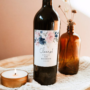 Blush navy floral bridal shower wine label