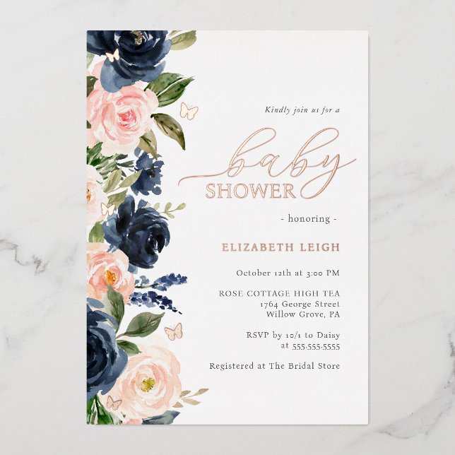 Blush Navy Floral Butterfly Baby Shower  (Front)