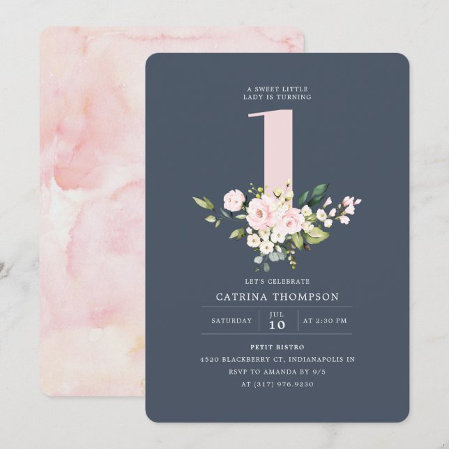 Blush & Navy Floral & Eucalyptus Girl 1st Birthday Invitation (Front/Back)