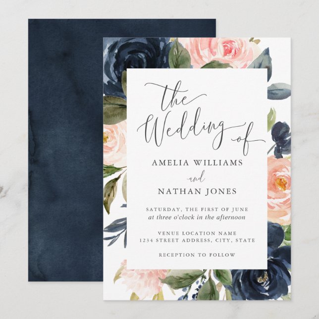 Blush Navy Floral Frame Wedding Invitation (Front/Back)