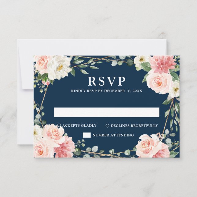 Blush Navy Floral Geometric Botanical Wedding RSVP (Front)