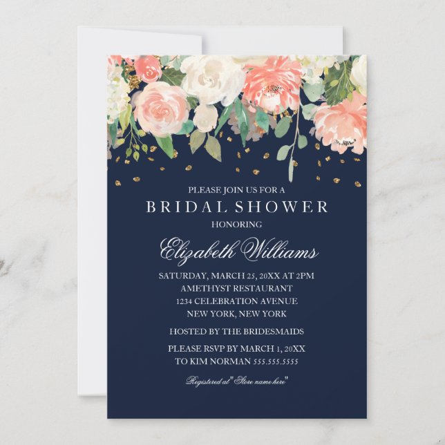 Blush Navy Floral Glitter Sparkling Bridal Shower Invitation (Front)