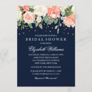 Blush Navy Floral Glitter Sparkling Bridal Shower Invitation