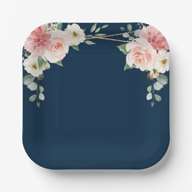 Blush Navy Floral Gold Geometric Botanical Wedding Paper Plate (Front)