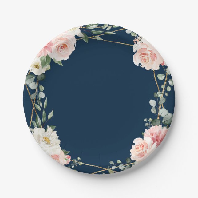 Blush Navy Floral Gold Geometric Botanical Wedding Paper Plate (Front)