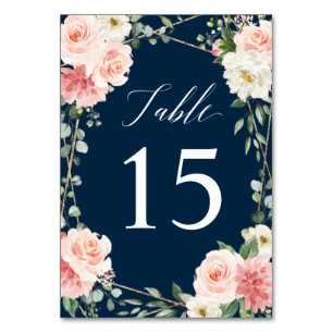 Blush Navy Floral Gold Geometric Botanical Wedding Table Number