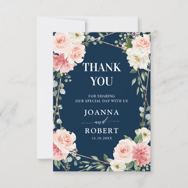 Blush Navy Floral Gold Geometric Botanical Wedding Thank You Card (Front)