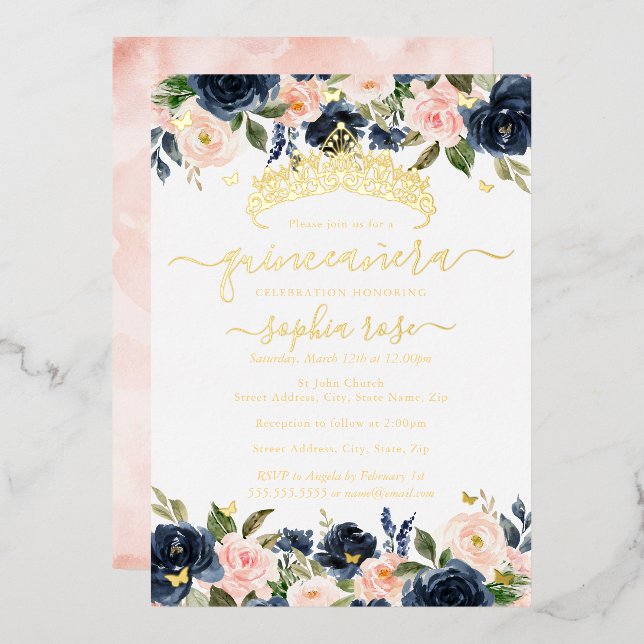 Blush Navy Floral Golden Butterfly Quinceanera (Front/Back)