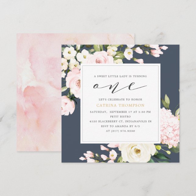 Blush Navy Floral Greenery Girl 1st Birthday Party Invitation (Front/Back)