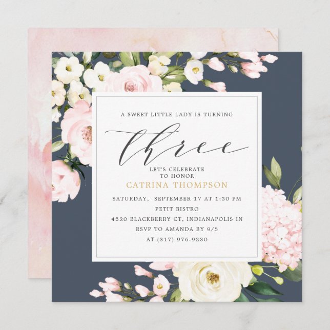 Blush Navy Floral Greenery Girl 3rd Birthday Party Invitation (Front/Back)