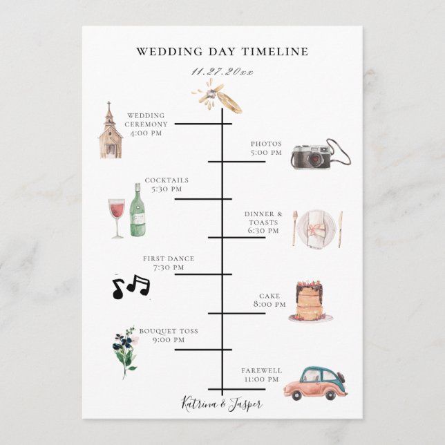 Blush Navy Floral Illustrated Wedding Timeline Programme (Front)