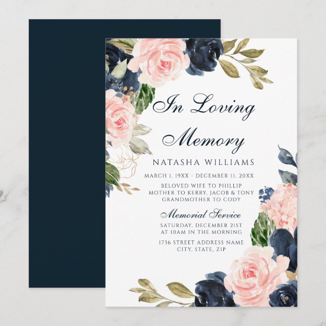 Blush & Navy Floral Memorial Announcement Service (Front/Back)
