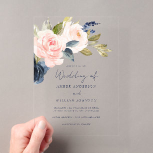 Blush Navy Floral Wedding   Acrylic Invitations