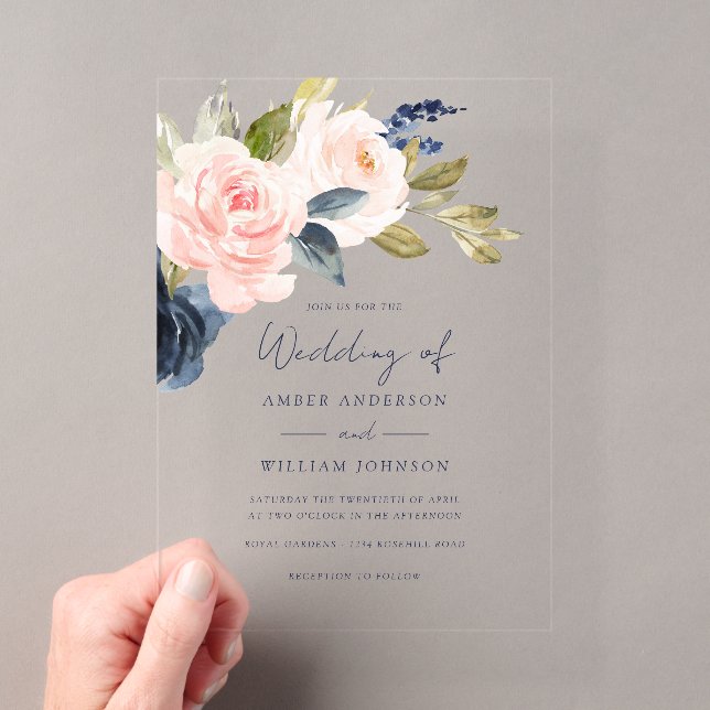 Blush Navy Floral Wedding   Acrylic Invitations (Insitu (Handheld))