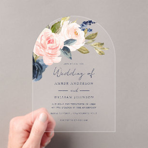Blush Navy Floral Wedding Arch Acrylic Invitations