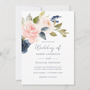 Blush Navy Floral Wedding Invitation