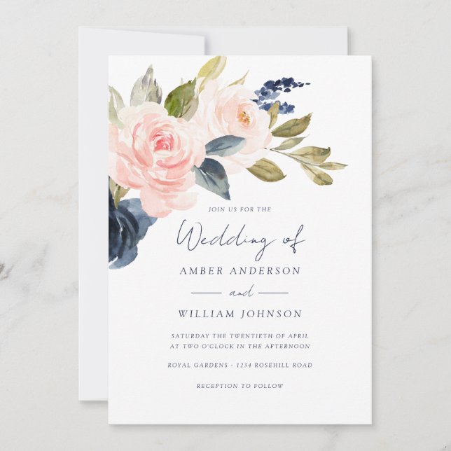 Blush Navy Floral Wedding   Invitation (Front)