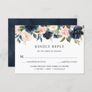 Blush & Navy Floral Wedding invitation RSVP card