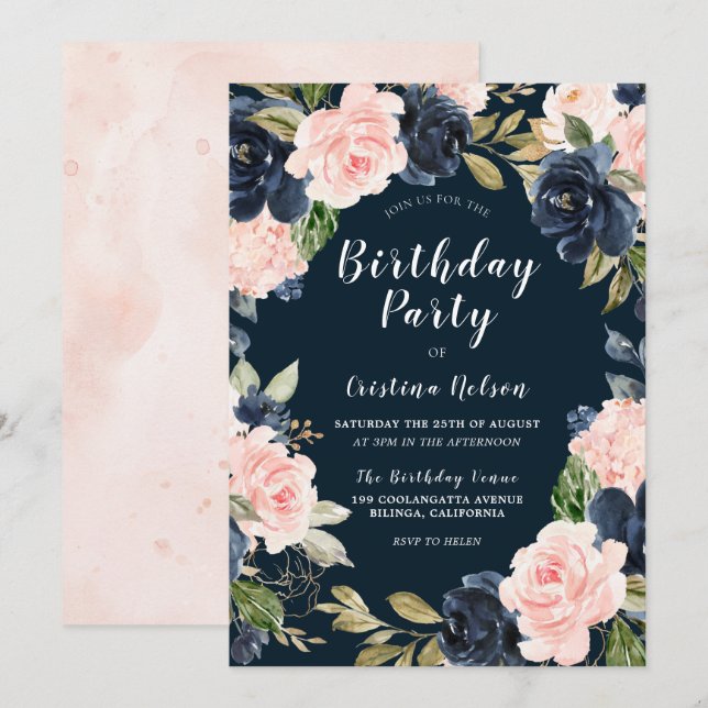 Blush Navy Floral Wreath All Years Birthday Party Invitation (Front/Back)