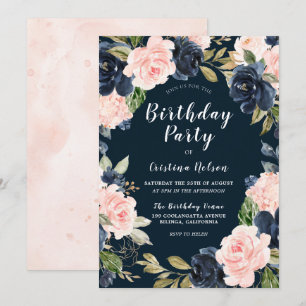 Blush Navy Floral Wreath All Years Birthday Party Invitation