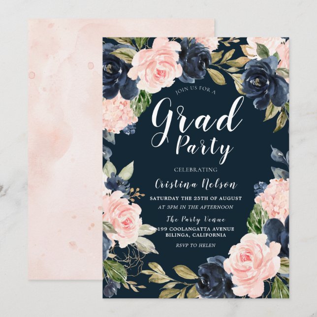 Blush Navy Floral Wreath Grad Party Graduation Invitation (Front/Back)