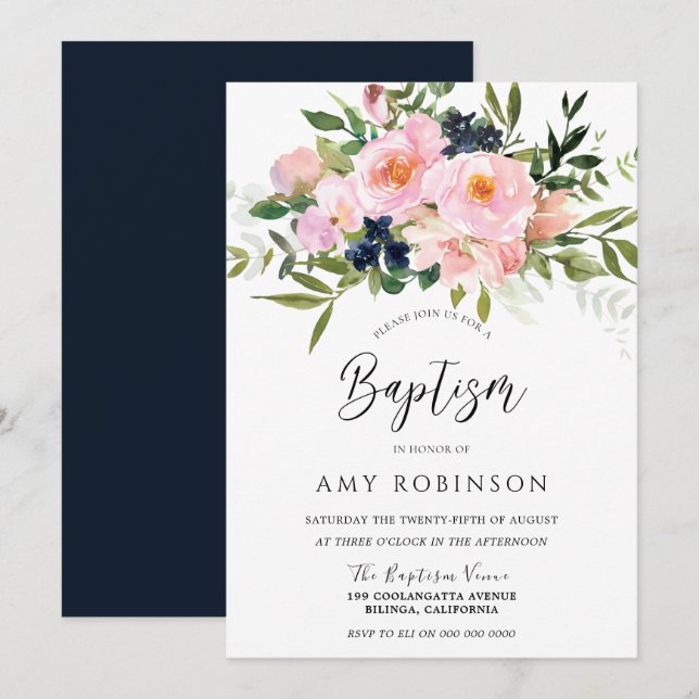 Blush & Navy Flowers Baby Girl or Boy Baptism Invitation (Front/Back)
