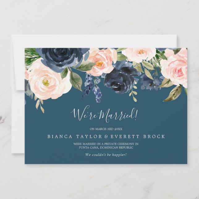 Blush & Navy Flowers Blue Elopement Announcement (Front)