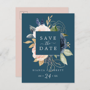 Blush & Navy Flowers Blue Save the Date Postcard