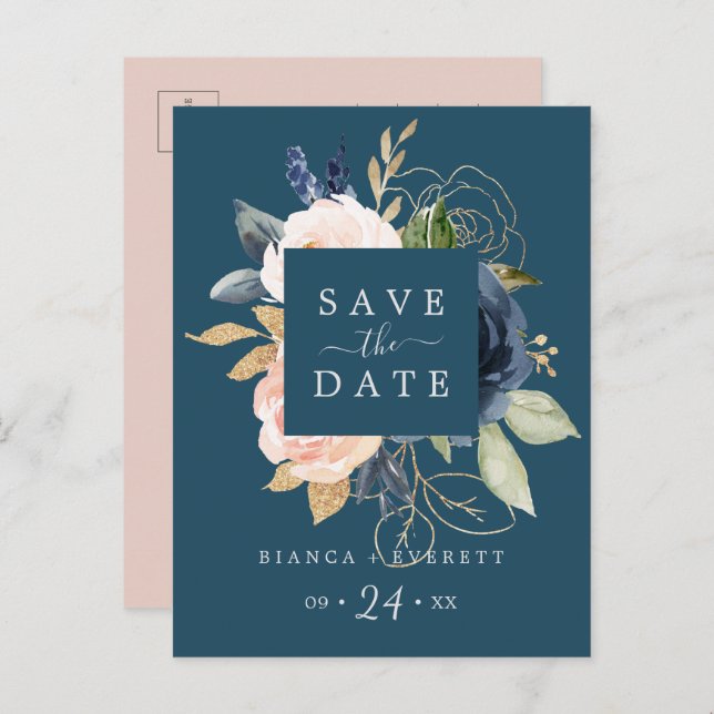 Blush & Navy Flowers Blue Save the Date Postcard (Front/Back)