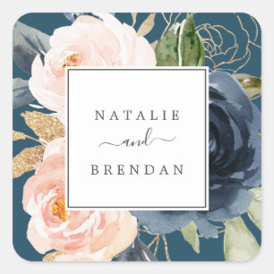 Blush & Navy Flowers Blue Wedding Envelope Seals