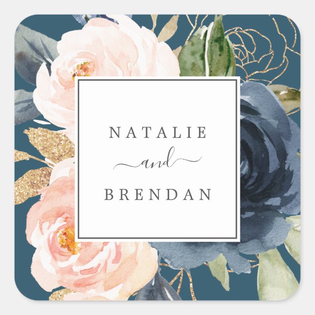 Blush & Navy Flowers Blue Wedding Envelope Seals (Front)